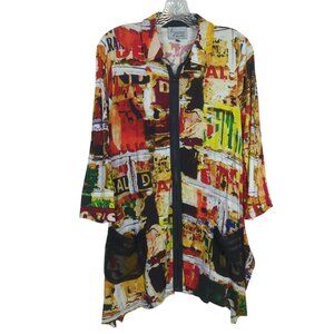 Lynn Ritchie Silver Colorful Abstract Print Open Front zip Top Logan look size M